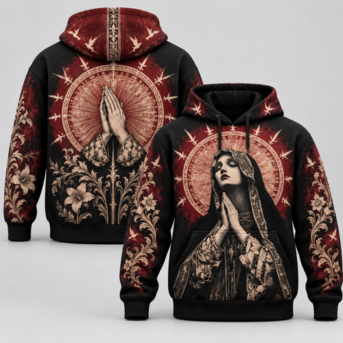 Praying Virgin Mary Vintage Gothic 3D Hoodie – Christian All Over Print Pullover