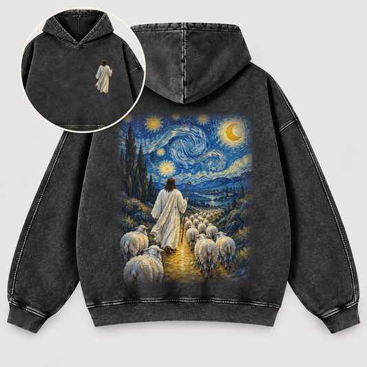 Jesus The Good Shepherd Van Gogh Washed Hoodie – Starry Night Christian Art Hoodie