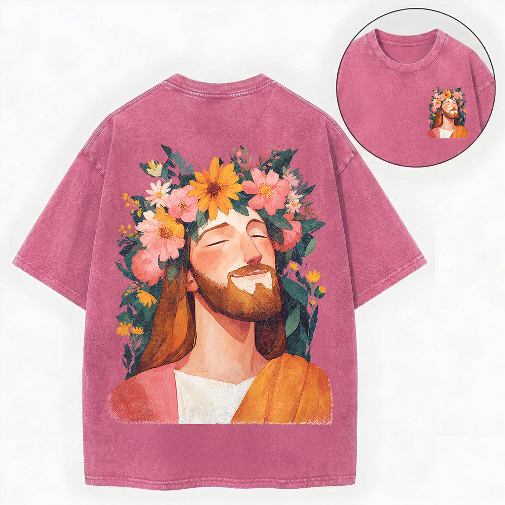 Floral Jesus Shirt – Flower Crown Christian Vintage Unisex Washed Tee