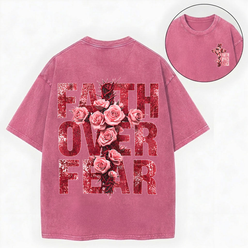 Faith Over Fear – Rose Cross Christian Vintage Unisex Washed Tee