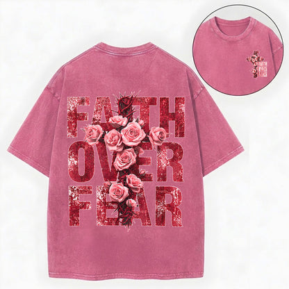 Faith Over Fear – Rose Cross Christian Vintage Unisex Washed Tee