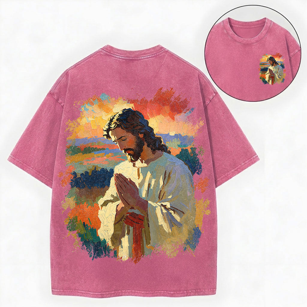 Praying Jesus Shirt – Oil Painting Christian Vintage Unisex Washed Tee