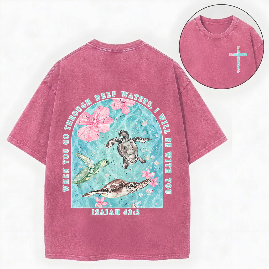 Summer Christian Shirt – Sea Turtle Floral Cross Unisex Washed Tee