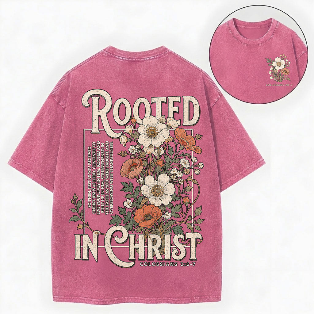 Rooted in Christ T-Shirt – Floral Christian Vintage Unisex Washed Tee