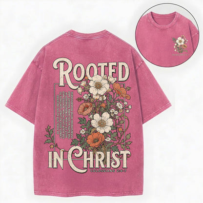 Rooted in Christ T-Shirt – Floral Christian Vintage Unisex Washed Tee