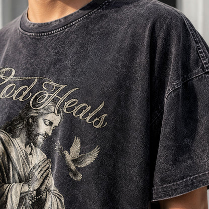 God Heals Christian Oversized Graphic T-Shirt – Vintage Christian Streetwear Tee