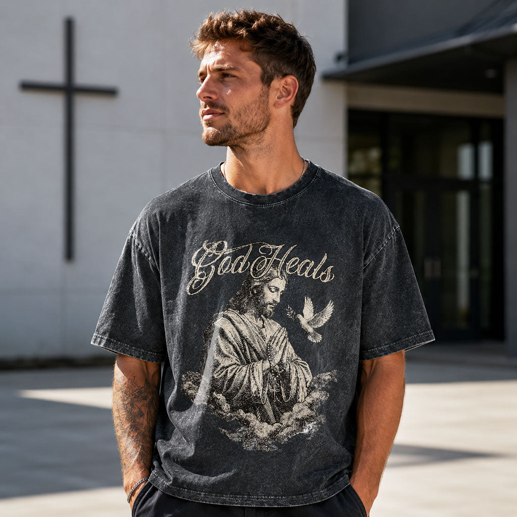 God Heals Christian Oversized Graphic T-Shirt – Vintage Christian Streetwear Tee