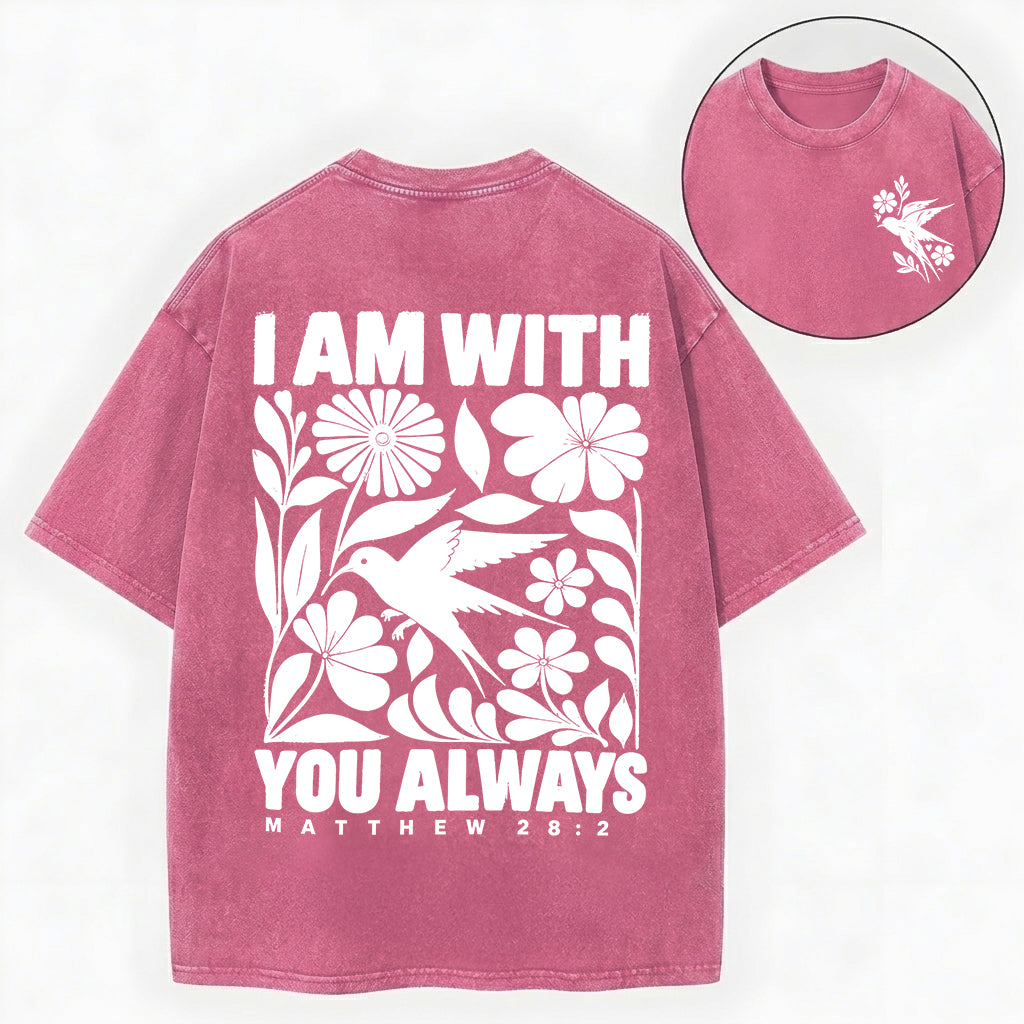 I Am With You Always – Floral Bird Christian Unisex Washed Tee
