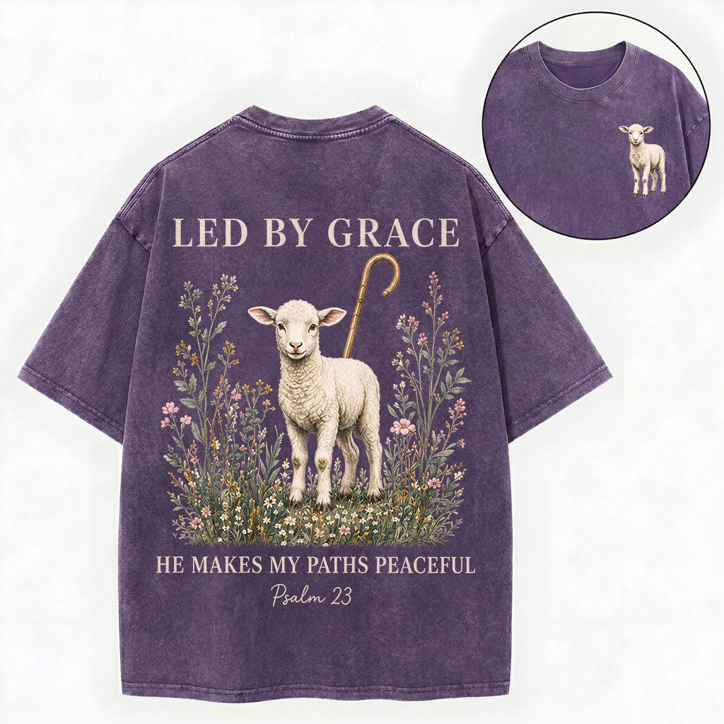 Led by Grace He Makes My Paths Peaceful Christian Vintage Unisex Washed Tee