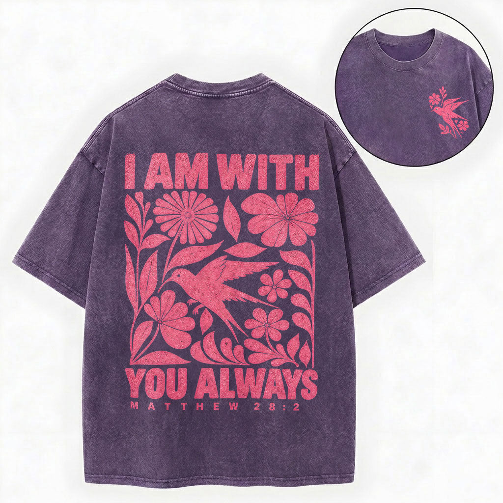 I Am With You Always – Floral Bird Christian Unisex Washed Tee