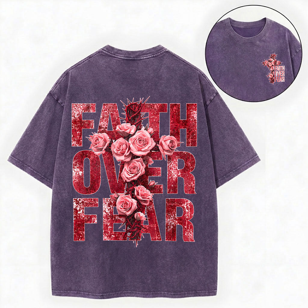 Faith Over Fear – Rose Cross Christian Vintage Unisex Washed Tee
