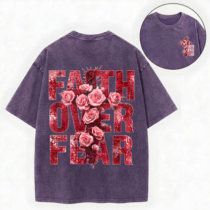 Faith Over Fear – Rose Cross Christian Vintage Unisex Washed Tee