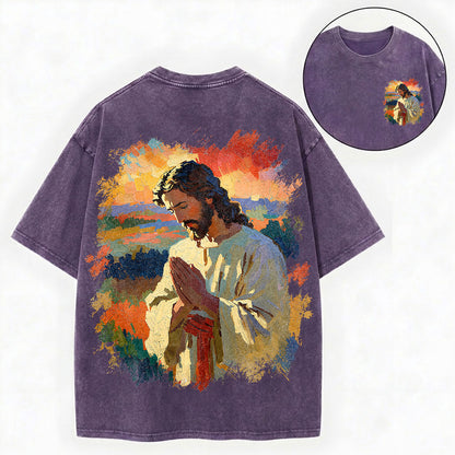 Praying Jesus Shirt – Oil Painting Christian Vintage Unisex Washed Tee