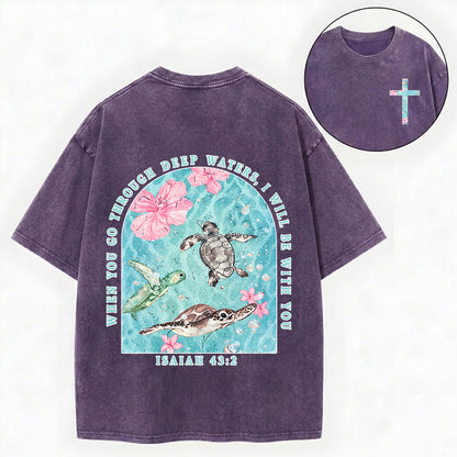 Summer Christian Shirt – Sea Turtle Floral Cross Unisex Washed Tee