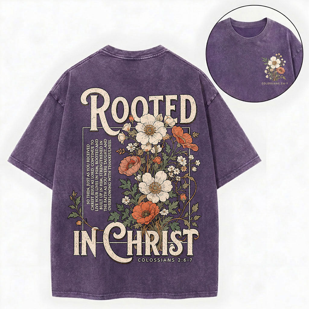 Rooted in Christ T-Shirt – Floral Christian Vintage Unisex Washed Tee