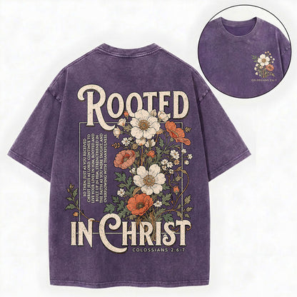 Rooted in Christ T-Shirt – Floral Christian Vintage Unisex Washed Tee