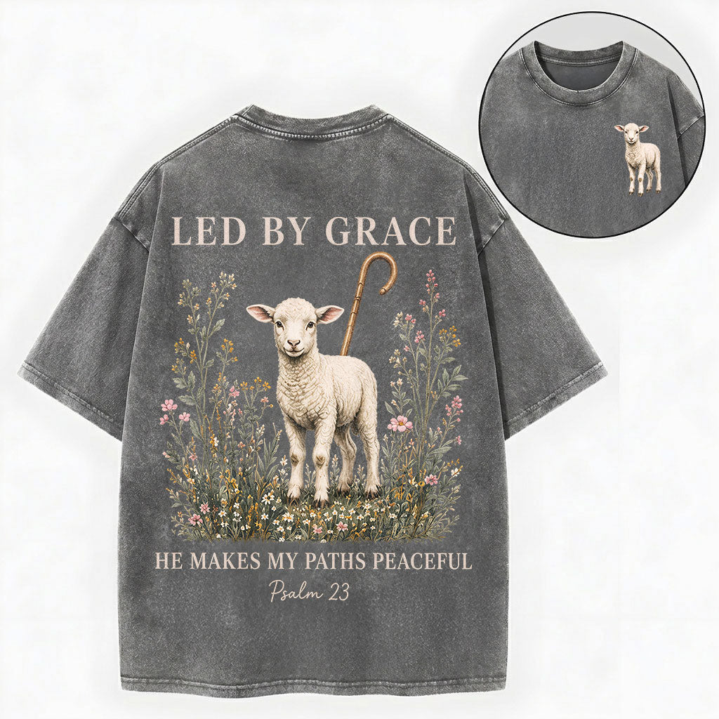 Led by Grace He Makes My Paths Peaceful Christian Vintage Unisex Washed Tee