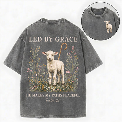 Led by Grace He Makes My Paths Peaceful Christian Vintage Unisex Washed Tee