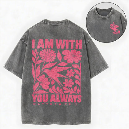 I Am With You Always – Floral Bird Christian Unisex Washed Tee