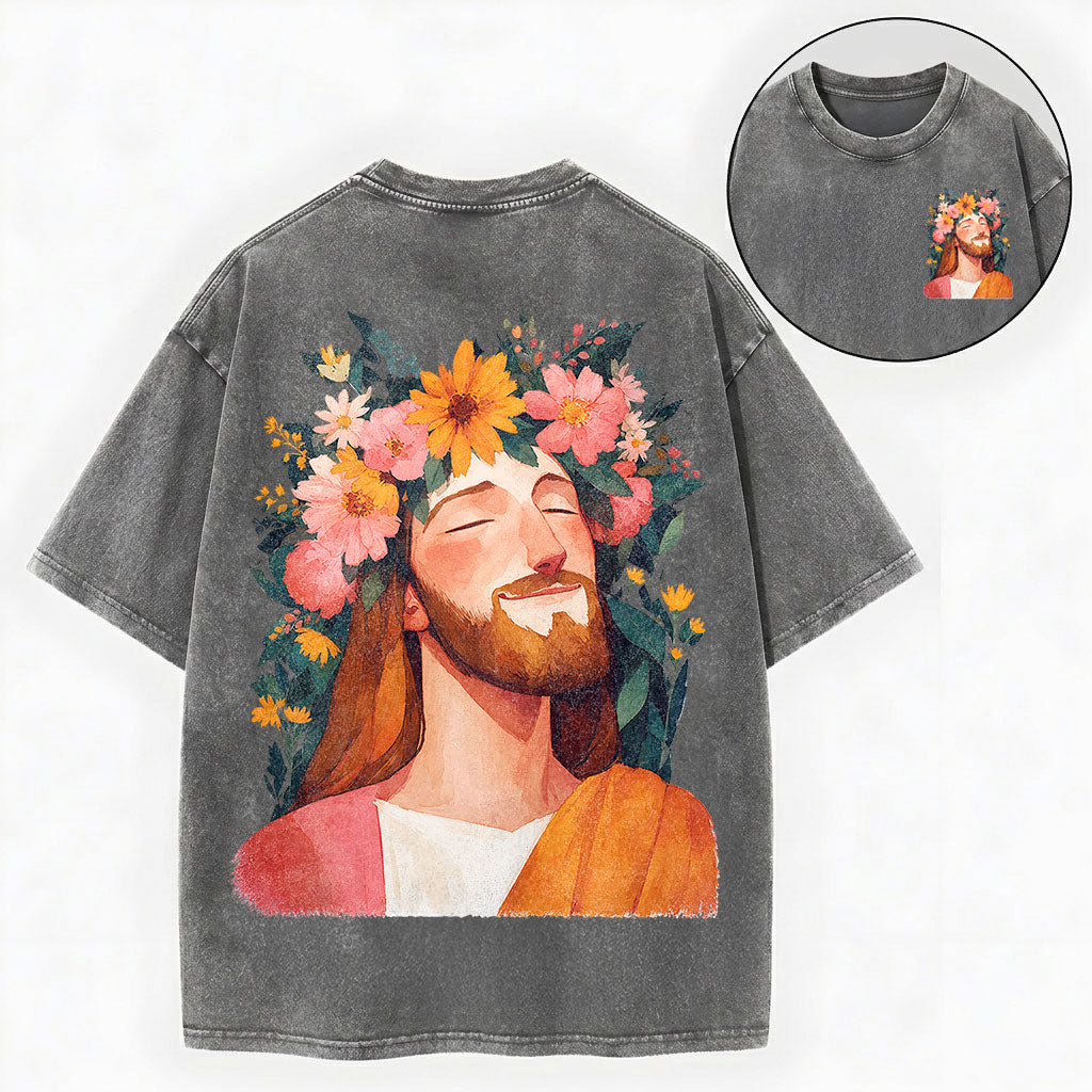 Floral Jesus Shirt – Flower Crown Christian Vintage Unisex Washed Tee