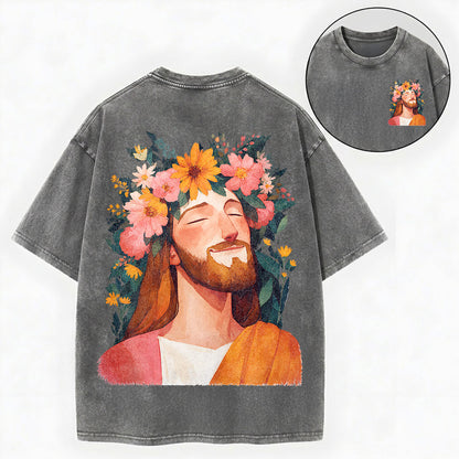 Floral Jesus Shirt – Flower Crown Christian Vintage Unisex Washed Tee