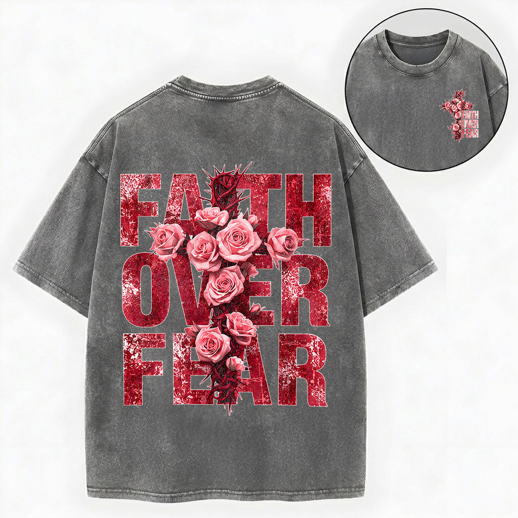 Faith Over Fear – Rose Cross Christian Vintage Unisex Washed Tee