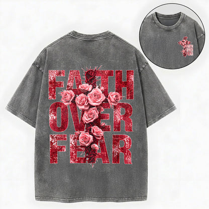 Faith Over Fear – Rose Cross Christian Vintage Unisex Washed Tee