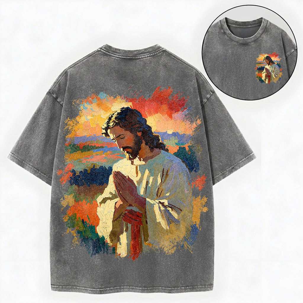 Praying Jesus Shirt – Oil Painting Christian Vintage Unisex Washed Tee