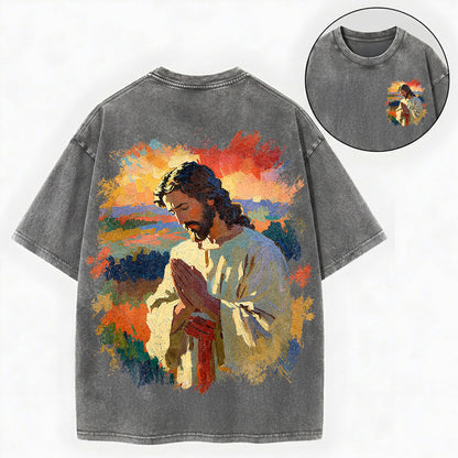 Praying Jesus Shirt – Oil Painting Christian Vintage Unisex Washed Tee