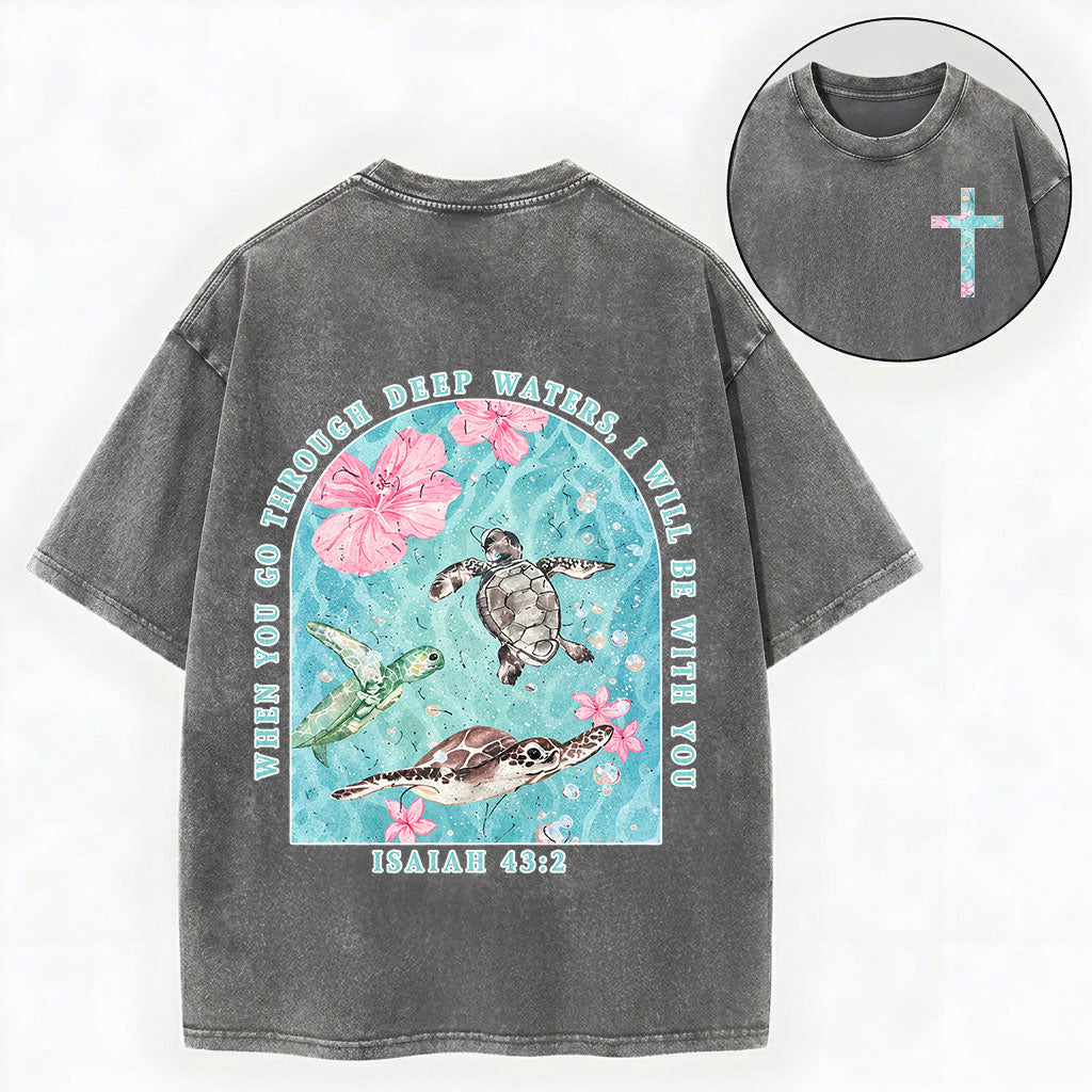 Summer Christian Shirt – Sea Turtle Floral Cross Unisex Washed Tee
