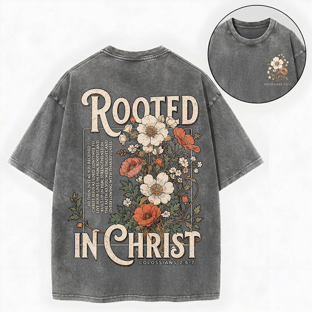 Rooted in Christ T-Shirt – Floral Christian Vintage Unisex Washed Tee