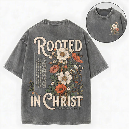 Rooted in Christ T-Shirt – Floral Christian Vintage Unisex Washed Tee