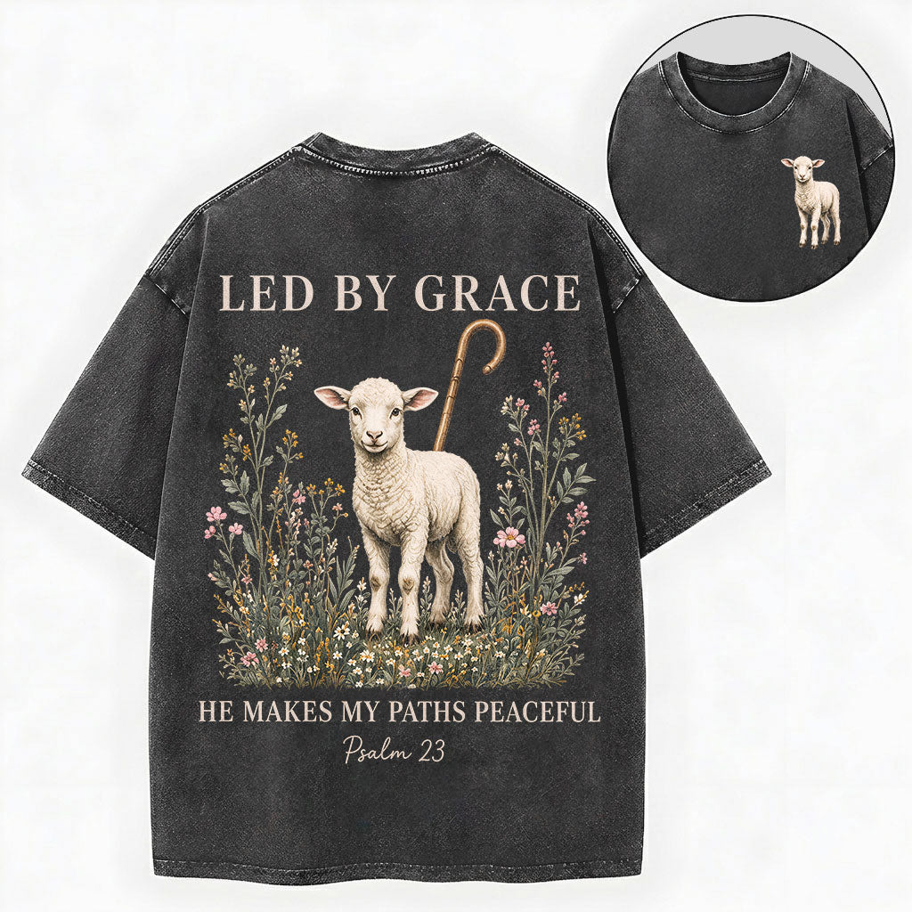 Led by Grace He Makes My Paths Peaceful Christian Vintage Unisex Washed Tee