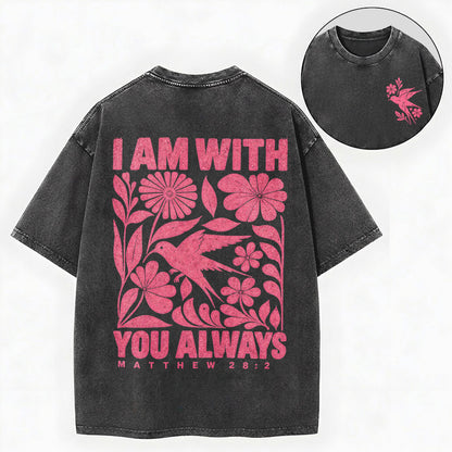 I Am With You Always – Floral Bird Christian Unisex Washed Tee