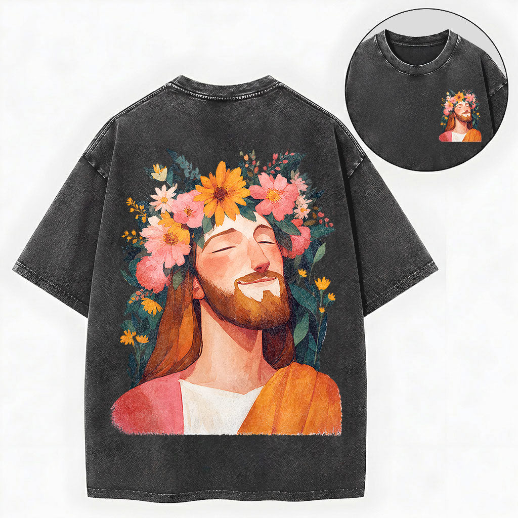 Floral Jesus Shirt – Flower Crown Christian Vintage Unisex Washed Tee