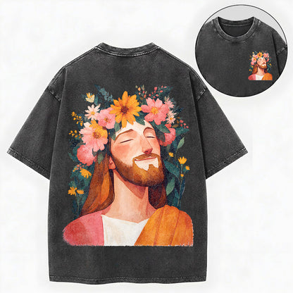 Floral Jesus Shirt – Flower Crown Christian Vintage Unisex Washed Tee