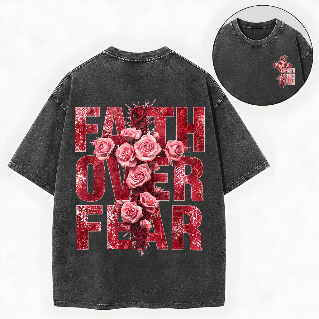 Faith Over Fear – Rose Cross Christian Vintage Unisex Washed Tee