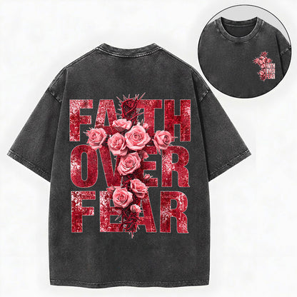 Faith Over Fear – Rose Cross Christian Vintage Unisex Washed Tee