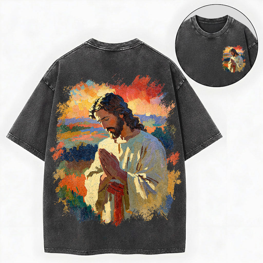 Praying Jesus Shirt – Oil Painting Christian Vintage Unisex Washed Tee