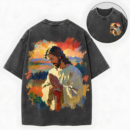 Praying Jesus Shirt – Oil Painting Christian Vintage Unisex Washed Tee