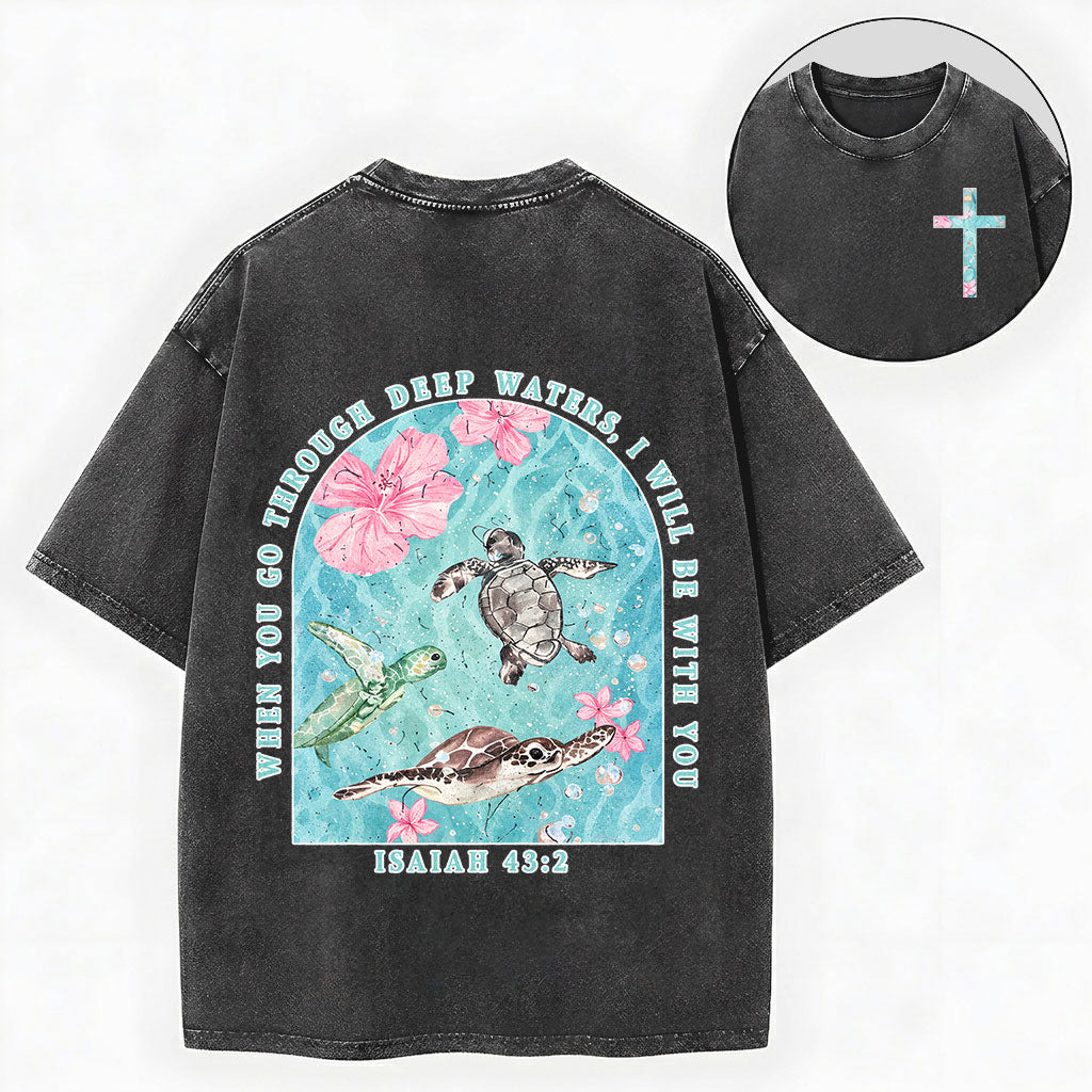 Summer Christian Shirt – Sea Turtle Floral Cross Unisex Washed Tee