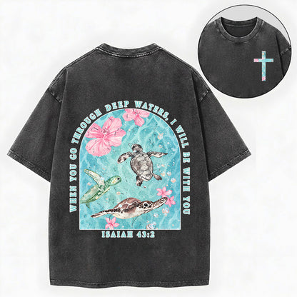 Summer Christian Shirt – Sea Turtle Floral Cross Unisex Washed Tee