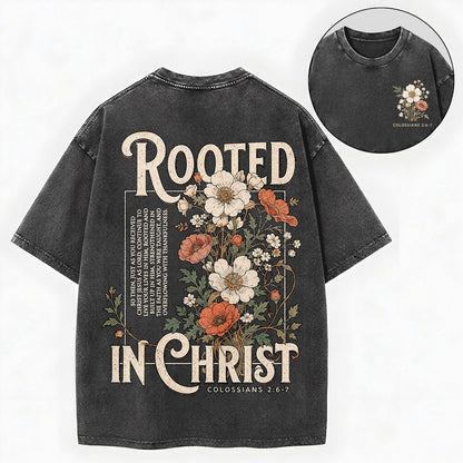 Rooted in Christ T-Shirt – Floral Christian Vintage Unisex Washed Tee