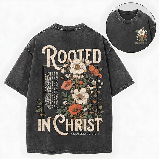 Rooted in Christ T-Shirt – Floral Christian Vintage Unisex Washed Tee