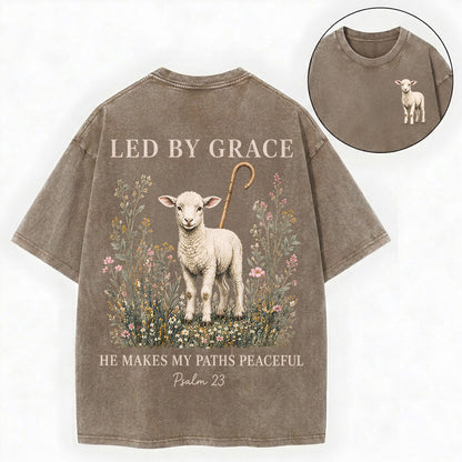 Led by Grace He Makes My Paths Peaceful Christian Vintage Unisex Washed Tee