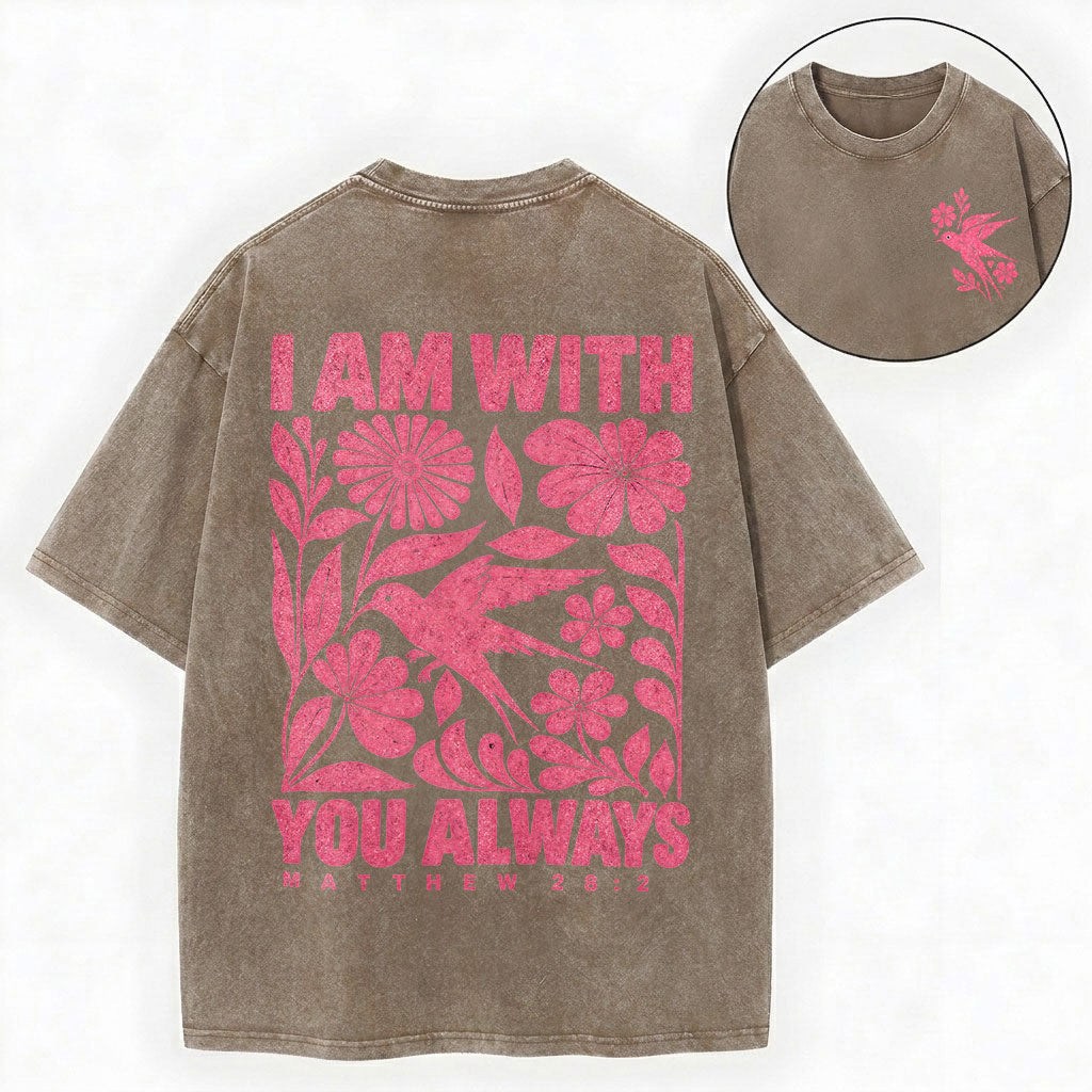 I Am With You Always – Floral Bird Christian Unisex Washed Tee