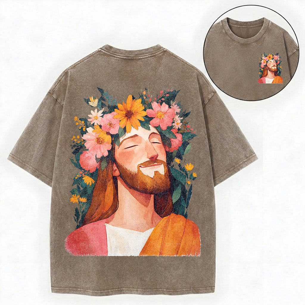 Floral Jesus Shirt – Flower Crown Christian Vintage Unisex Washed Tee
