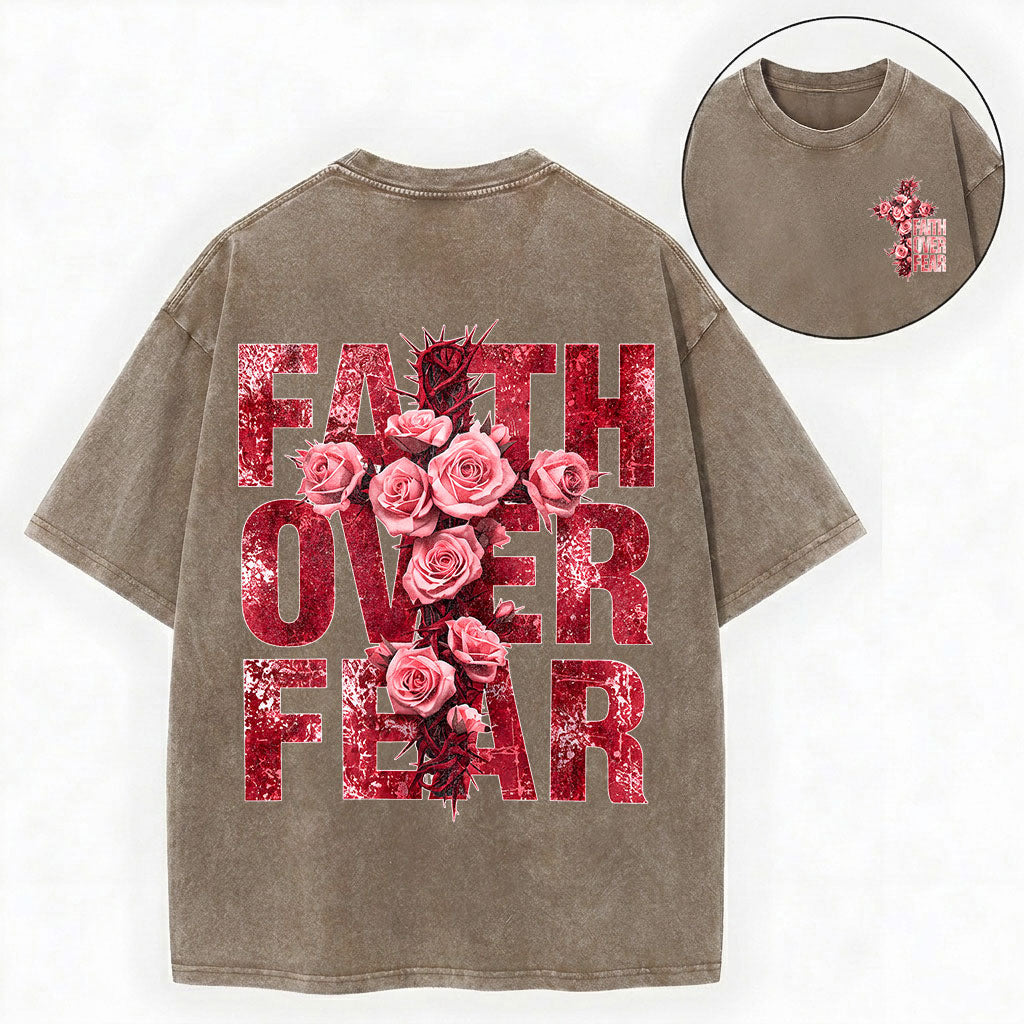Faith Over Fear – Rose Cross Christian Vintage Unisex Washed Tee