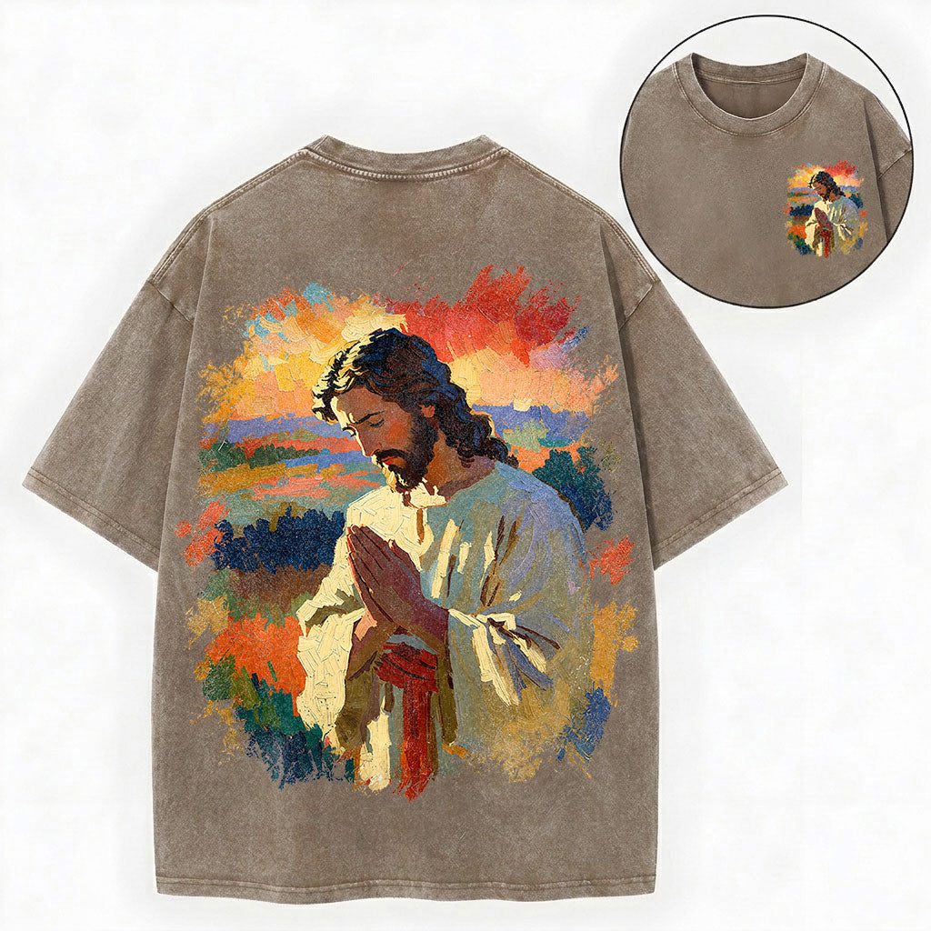 Praying Jesus Shirt – Oil Painting Christian Vintage Unisex Washed Tee