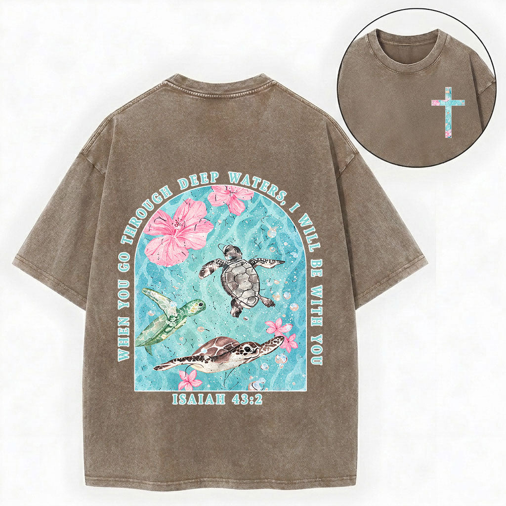 Summer Christian Shirt – Sea Turtle Floral Cross Unisex Washed Tee
